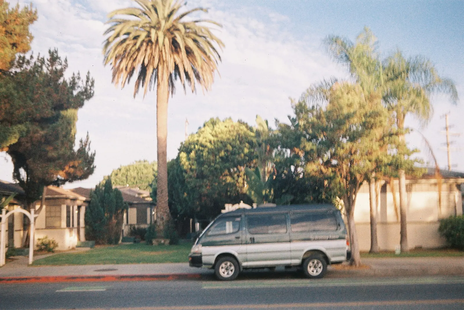 A quiet residential street of single story houses with a van parked under tall palm trees